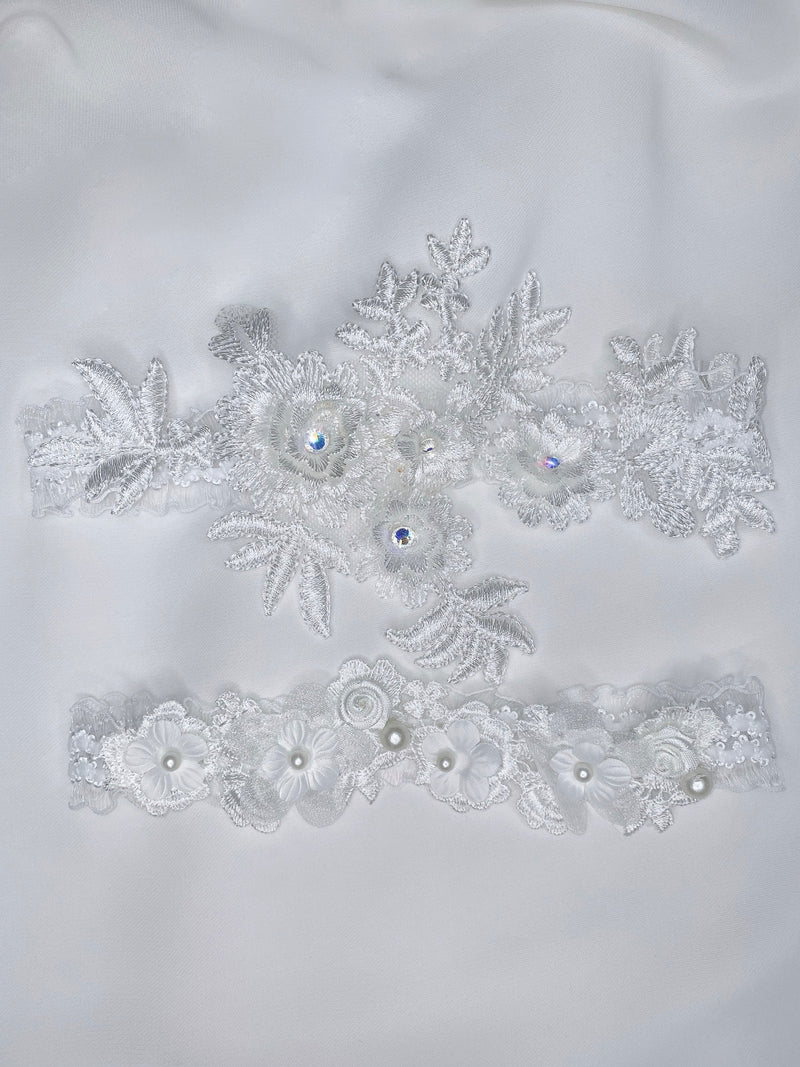 Athena Floral White Lace Wedding Garter Set
